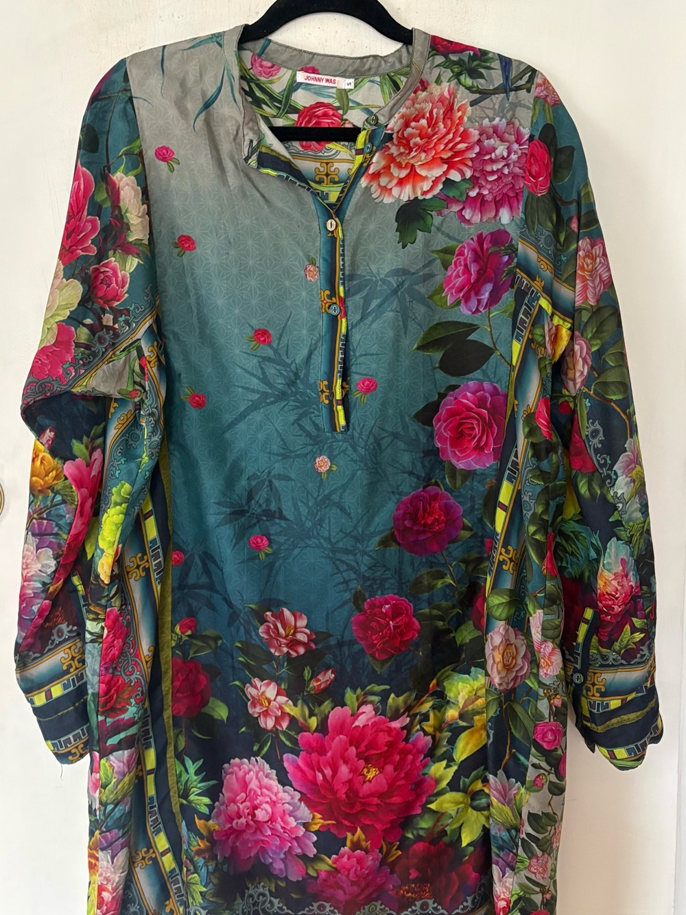 Johnny Was Floral Silk Blouse - Teal Green with Pink Red Blooms